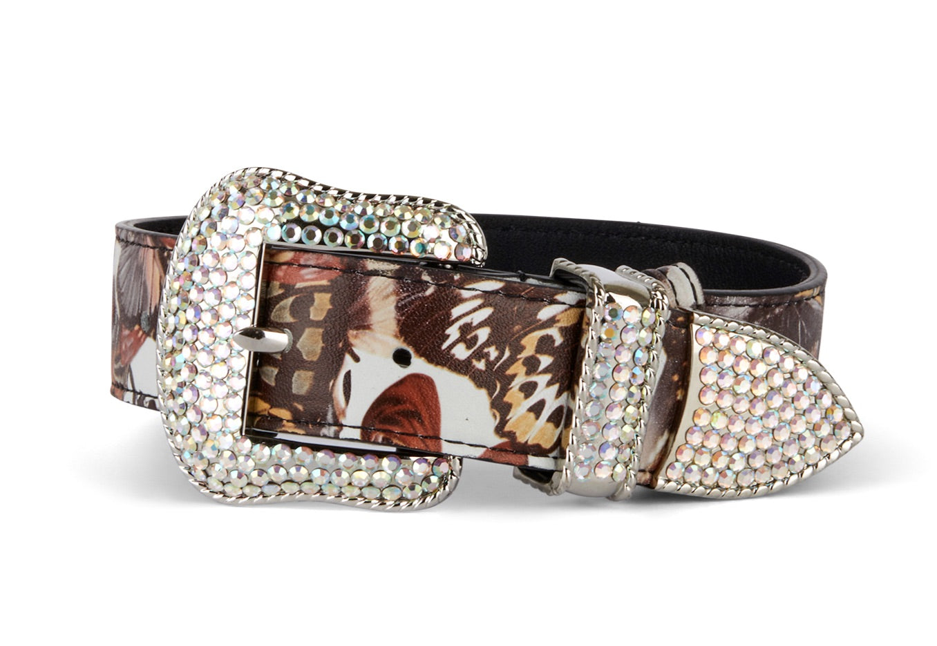 Butterfly print Italian leather collar featuring custom silver Swarovski crystal hardware, displayed flat on neutral background.