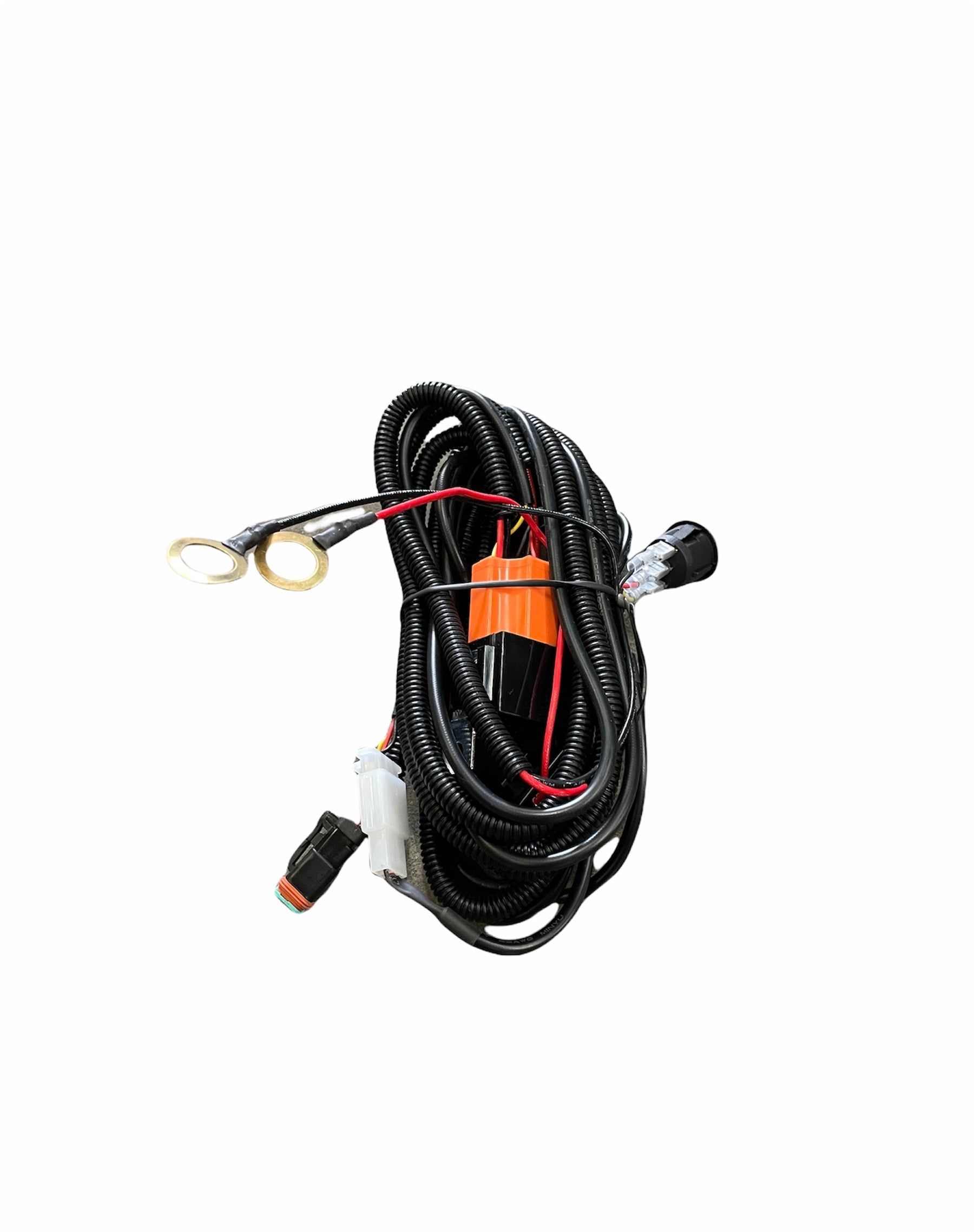 Single DT Relay Wiring Harness with switch laid out on a white surface