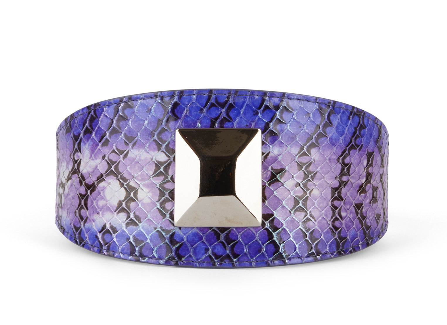 Multi-Color Purple Silver Iridescent Snake 3” Wide Style Collar with Large Silver Rivet displayed on a black background