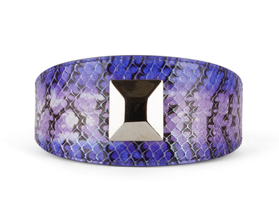 Multi-Color Purple Silver Iridescent Snake 3” Wide Style Collar with Large Silver Rivet displayed on a black background