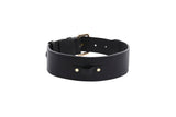 Black Italian leather dog collar with a gold-tone buckle and rivet details, displayed on a white background.