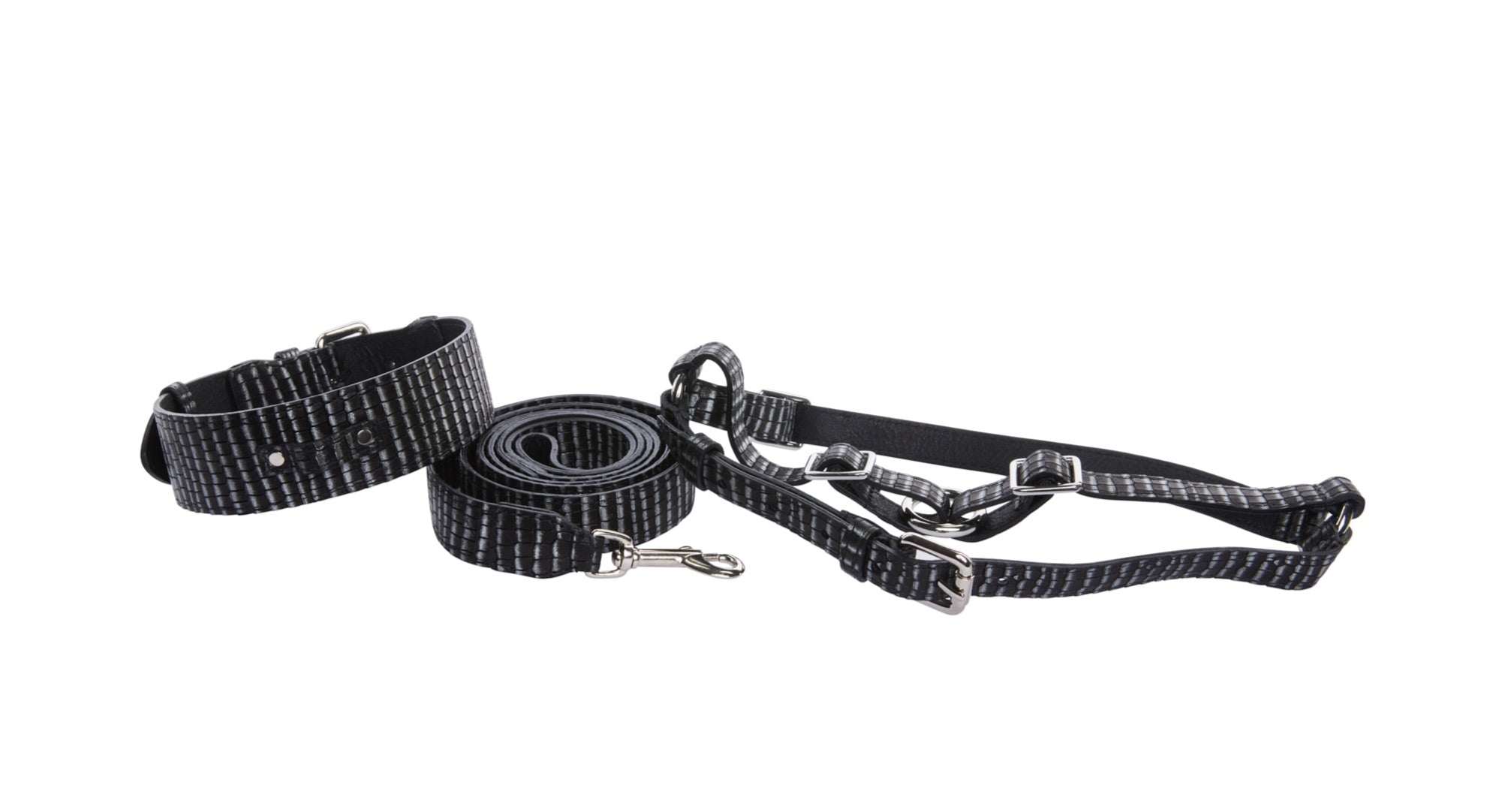 Black & Silver Striped Italian Leather Classic Collar
