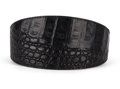 Black croc pattern wide collar with large buckle, displayed flat on a neutral surface