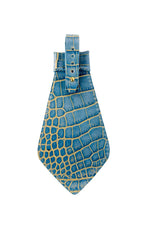 Blue leather tie embossed with a gold croc pattern, featuring an attached matching strap with gold-tone hardware.