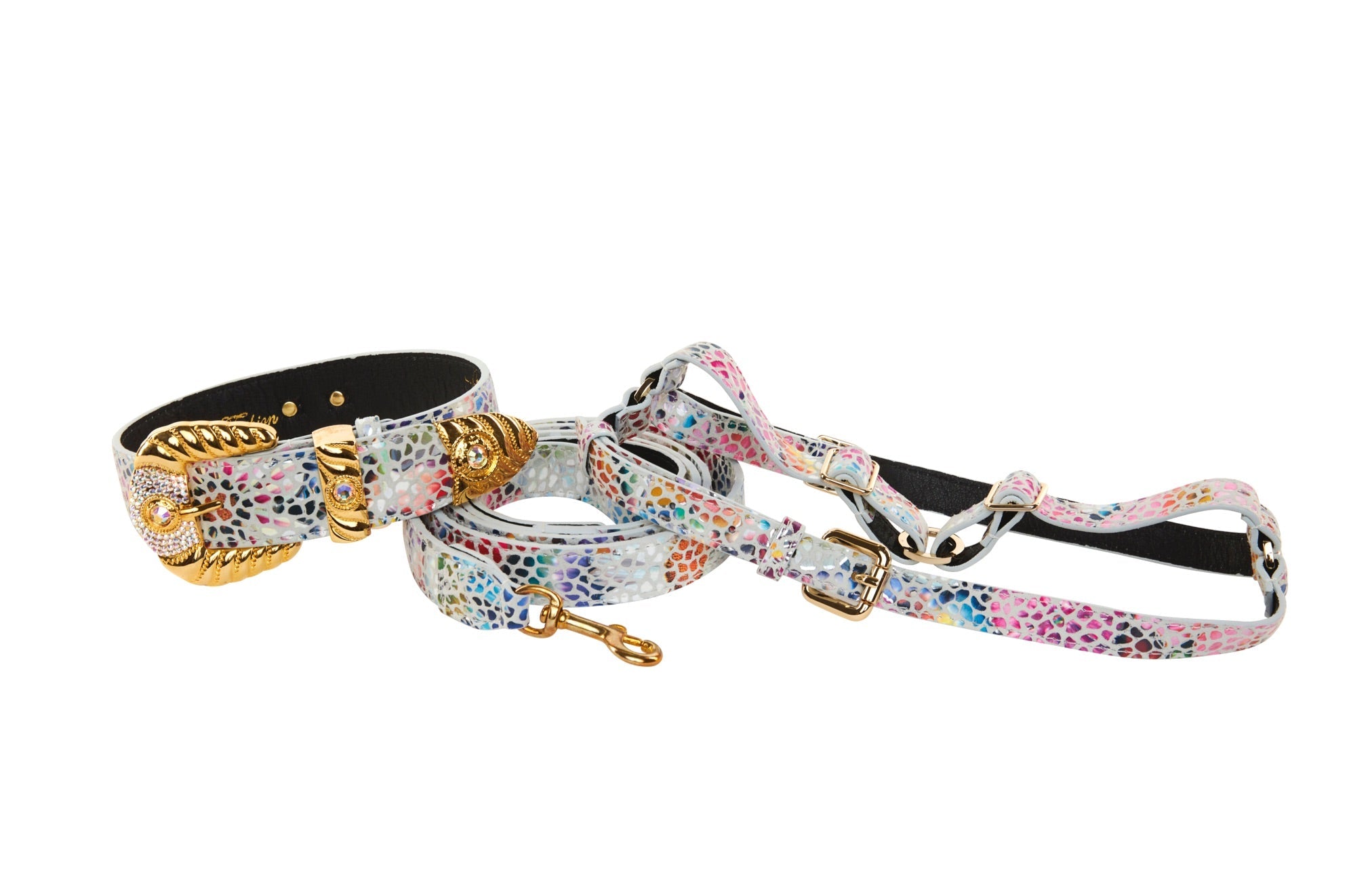 White Floral Mosaic Pet Collar, Leash, and Harness Set featuring Italian leather and Swarovski crystal hardware