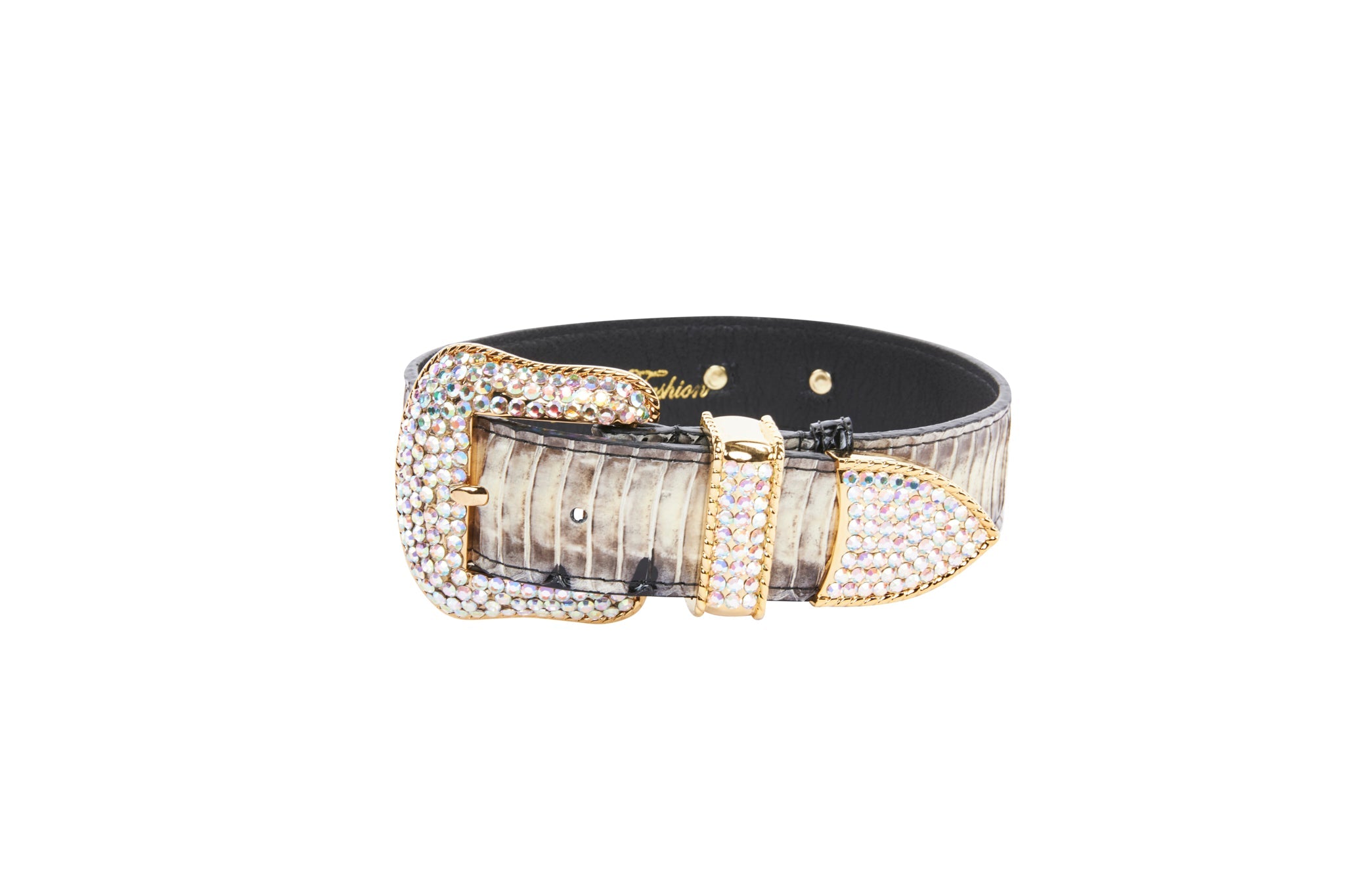 Off White/Black Snake With Gold Swarovski Crystal Hardware Collar &