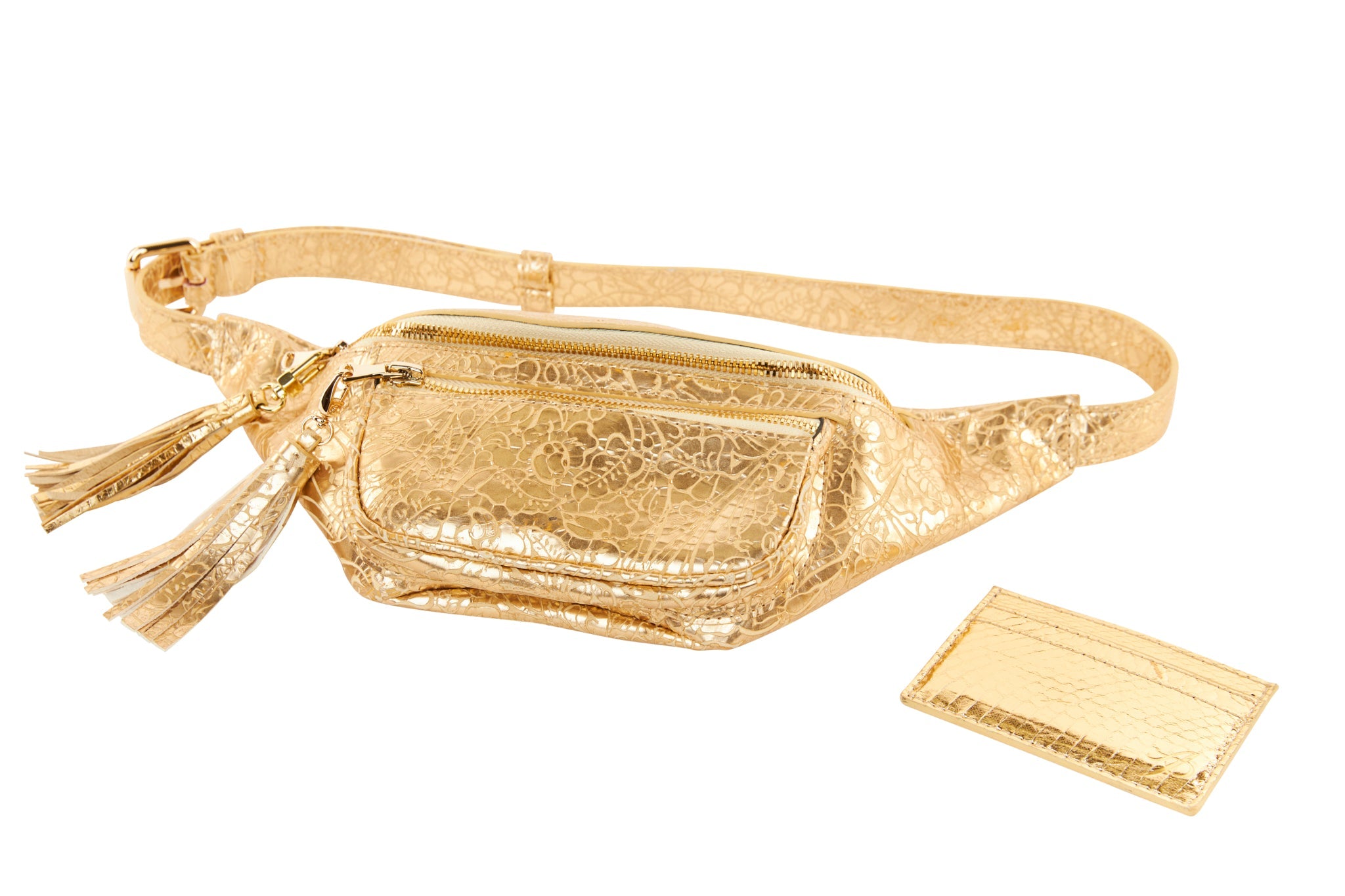 Gold Floral Embossed Italian Leather Cross Body Belt Bag with Matching Gold Viper Snake Card Wallet