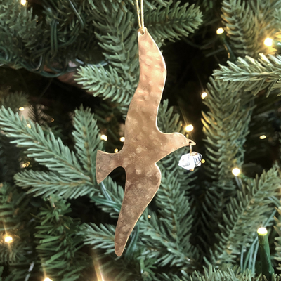 The Gift Ornament With Herkimer Diamond showing hand-hammered brass and crystal drop