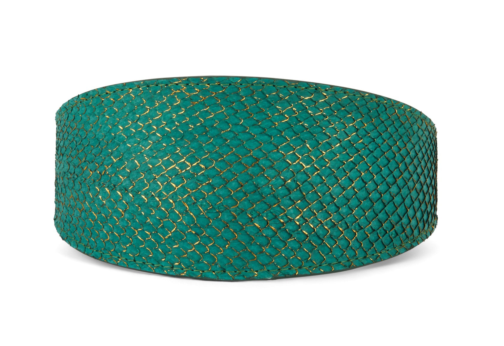 Close-up image of beautiful green and gold 3-inch wide style collar made of sustainable salmon skin