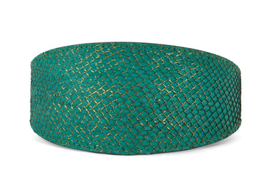 Close-up image of beautiful green and gold 3-inch wide style collar made of sustainable salmon skin