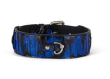 Black and royal blue wide collar with a snakeskin pattern and silver metal buckle and D-ring, shown front-on on a white background.