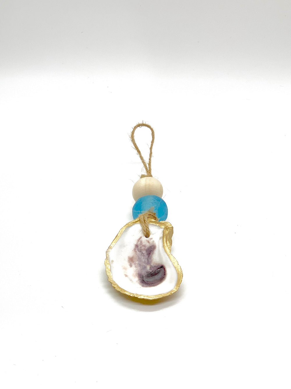 Two Eco-Friendly Sea Glass Ornaments with gold-gilded oyster shells, natural and African sea glass beads in coastal colors