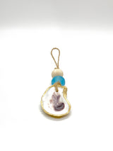 Two Eco-Friendly Sea Glass Ornaments with gold-gilded oyster shells, natural and African sea glass beads in coastal colors