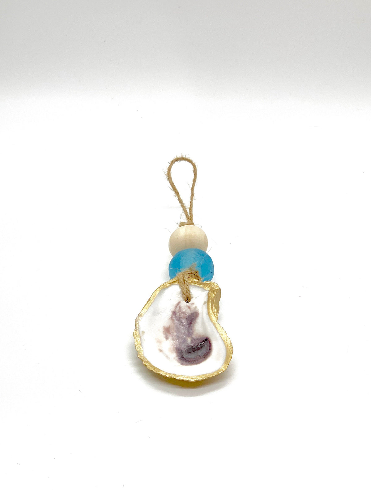 Two Eco-Friendly Sea Glass Ornaments with gold-gilded oyster shells, natural and African sea glass beads in coastal colors