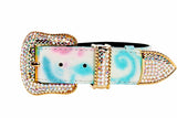 Leather collar with abstract floral blue and pink patterns, featuring a buckle and tip embellished with multicolored Swarovski crystals and gold trim.