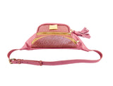 Pearl pink leather fanny pack with two embossed tilapia scale pattern compartments and gold zippers, featuring a matching leather tassel and adjustable strap.