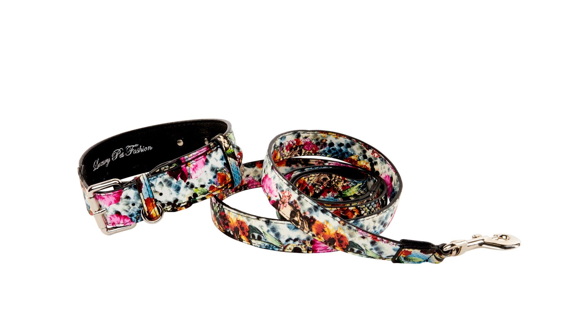 Floral, skull, and snake print classic Italian leather collar and leash laid out flat