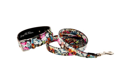Floral, skull, and snake print classic Italian leather collar and leash laid out flat