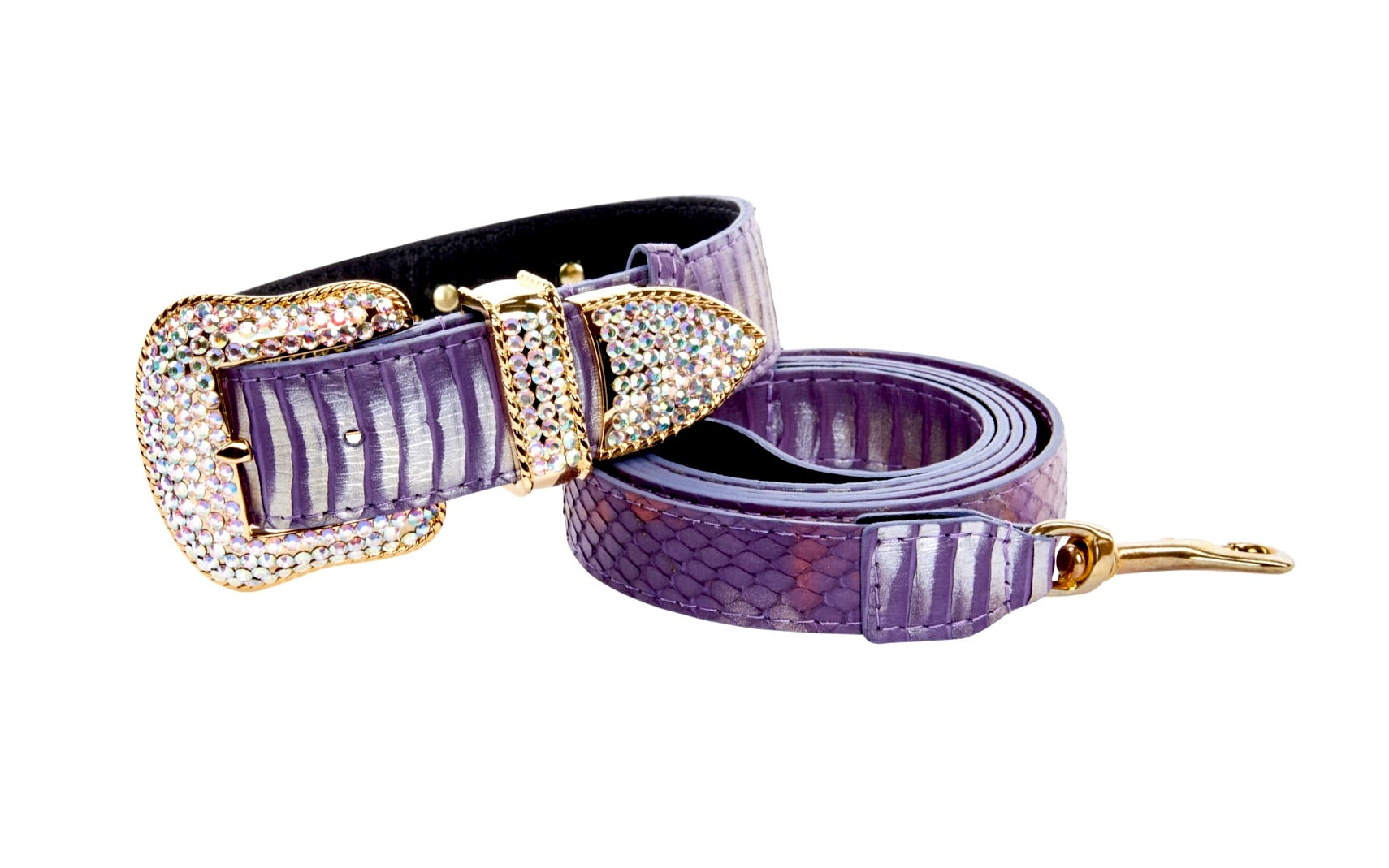 Purple and silver multi-tone snakeskin pet collar and leash with sparkling Swarovski crystal hardware