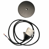 Black circular ceiling canopy and black electrical cord connected to white plastic light socket with exposed copper wires, shown against a white background.