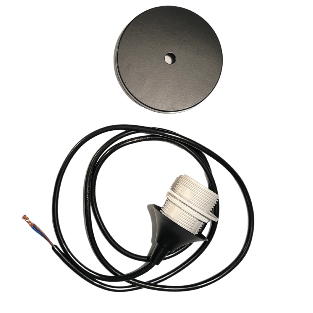 Black circular ceiling canopy and black electrical cord connected to white plastic light socket with exposed copper wires, shown against a white background.