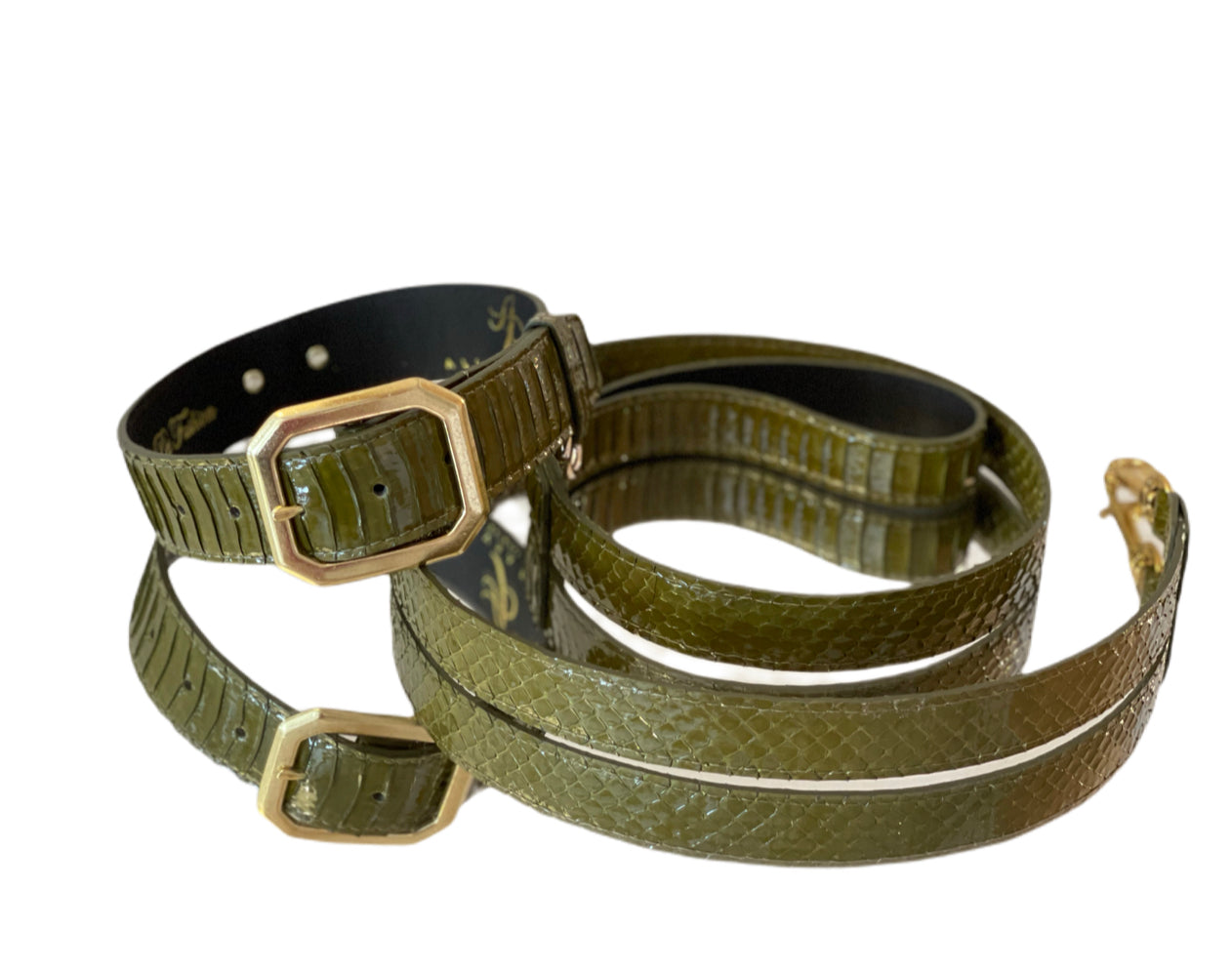 Olive snakeskin pet collar and leash set with modern square hardware displayed on white background