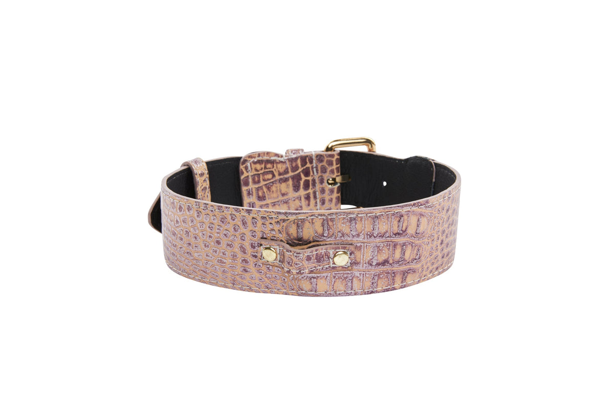 Pink and purple embossed crocodile-patterned leather band with silver accents and gold-tone hardware, presented on a white background.