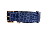 Blue Italian leather dog collar embossed with a crocodile pattern and accented with gold-tone classic buckle and hardware, displayed flat on white background.