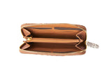 Open brown leather zipper wallet with multiple card slots, a central zippered coin compartment, and a textured zipper pull tab.