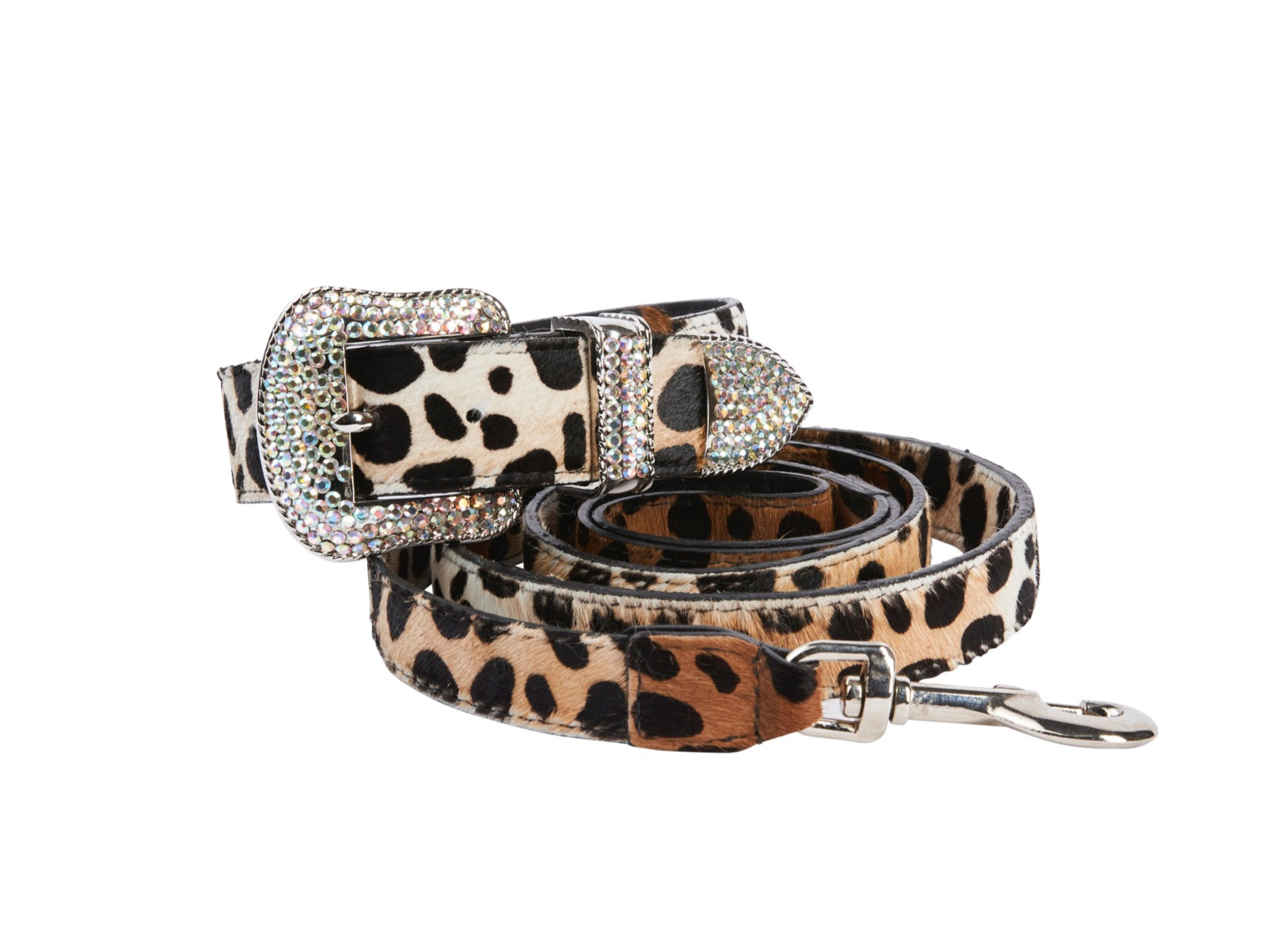 Animal Print Hair On Hide Italian Leather Dog Collar & Leash Set with Swarovski Crystals