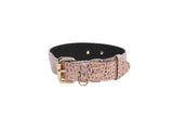 Classic dog collar with embossed croc pattern in pink, purple, and silver tones, featuring a gold buckle and a D-ring for leash attachment.