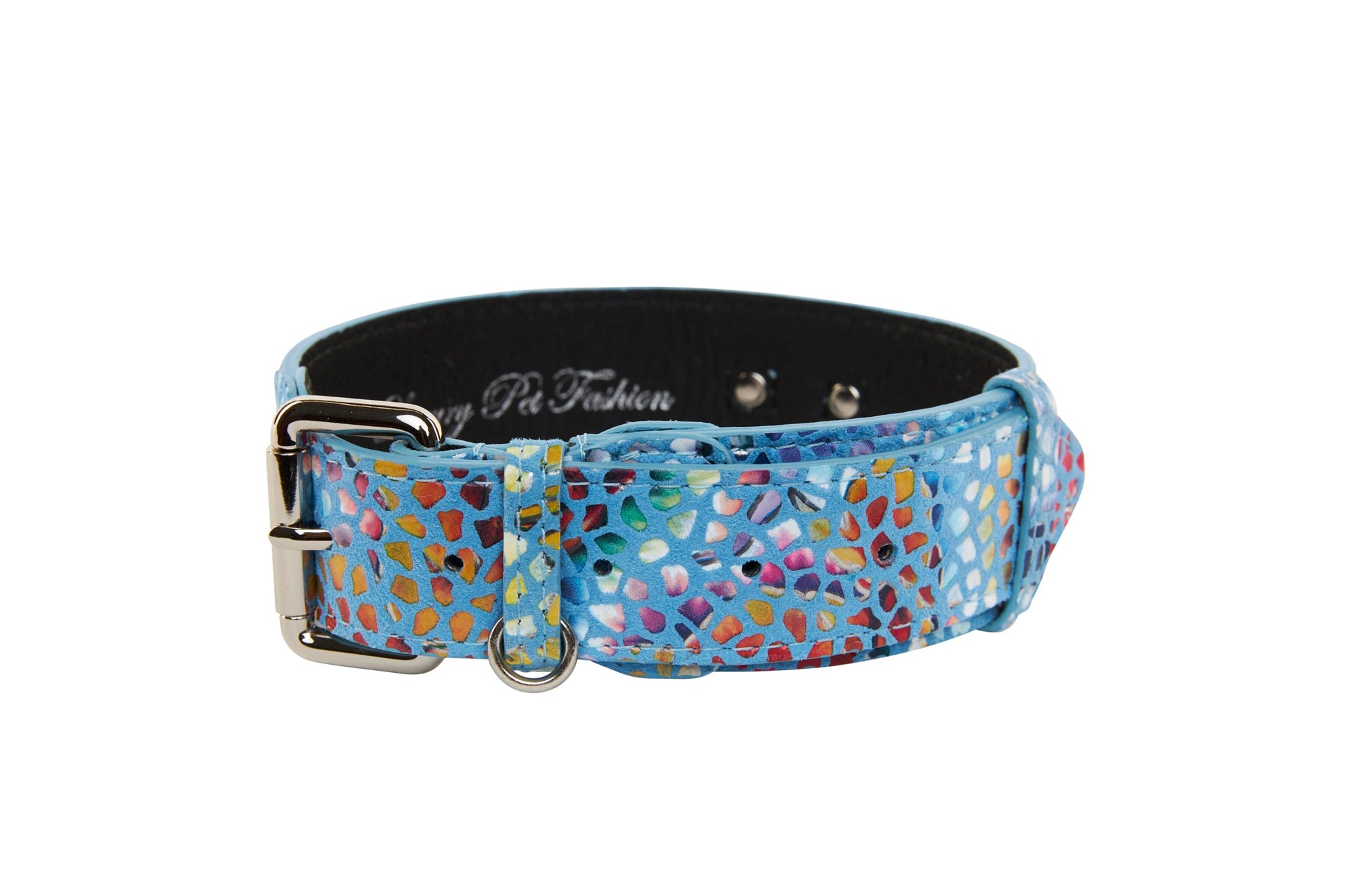 Blue Floral Mosaic Italian Leather Dog Collar with classic hardware, laid flat