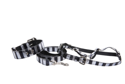 Black & Silver Stiped Snake With Swarovski Crystal Hardware Collar, Leash & Harness Set