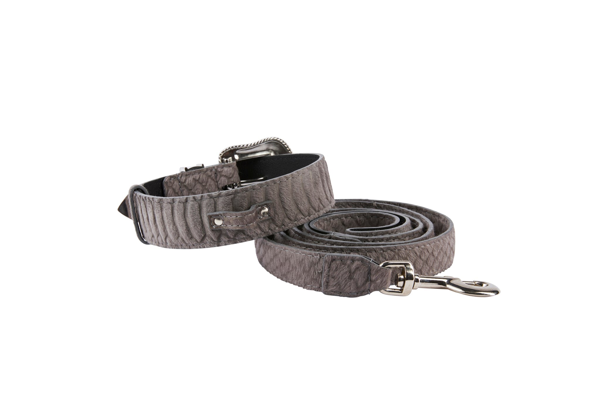 Dark Grey Snake Print Hair On Hide Italian Leather Collar & Leash Set