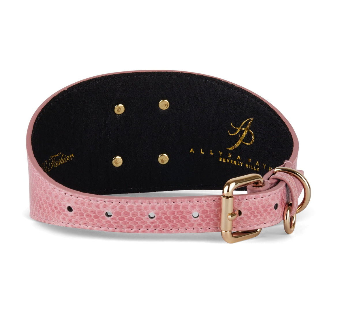 Soft pink snake-textured 3-inch wide dog collar with gold-tone buckle and custom Swarovski rivet, shown in a curved view on a white background.
