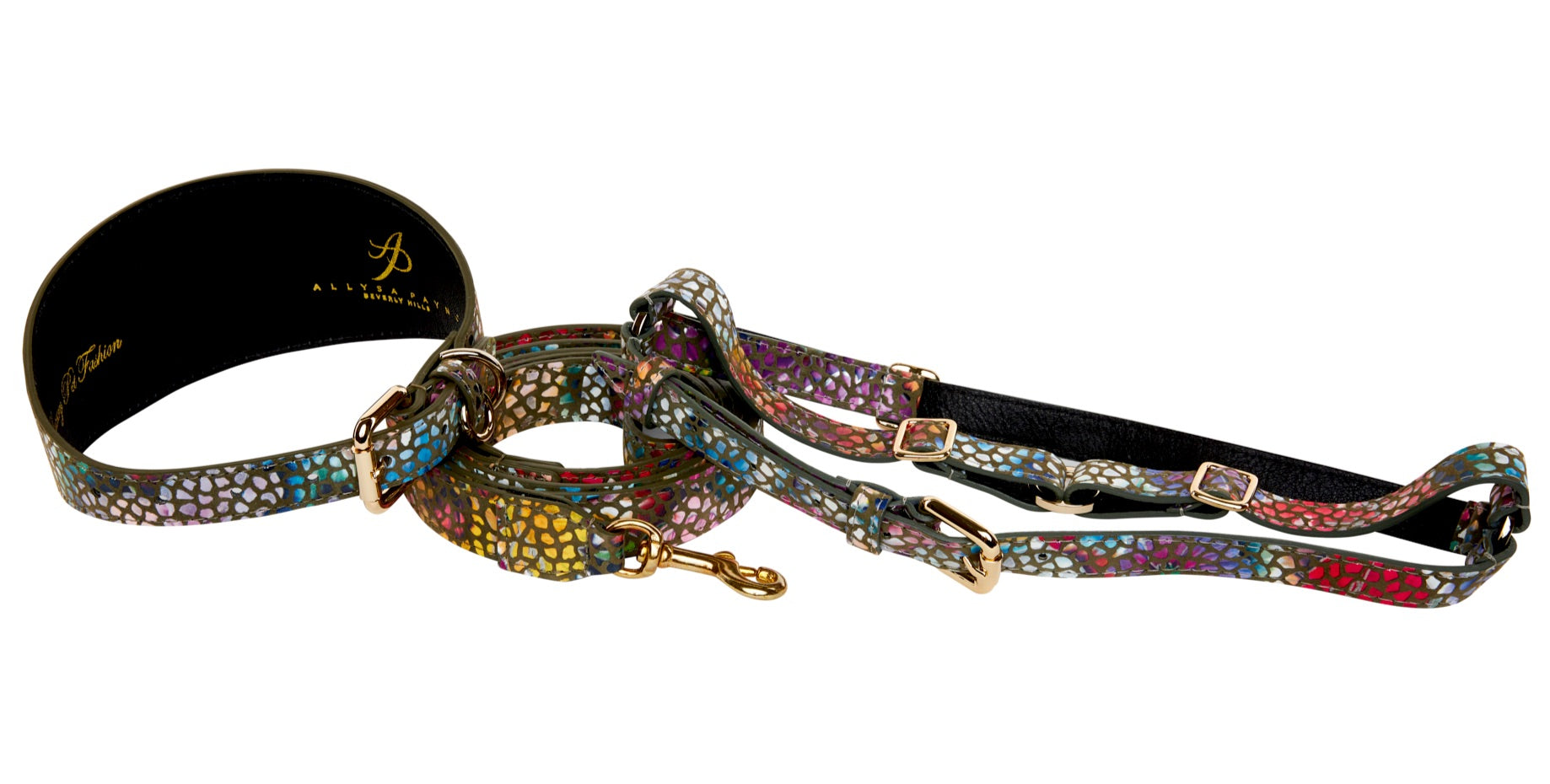 Olive Floral Mosaic Italian Leather 3” Wide Style Collar, Leash & Harness Set