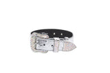 Silver leather dog collar featuring a buckle and loop encrusted with multicolored Swarovski crystals against a white background.