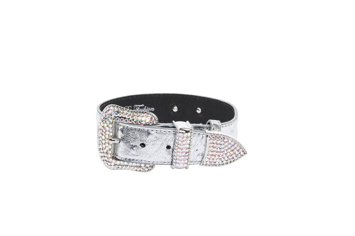 Silver leather dog collar featuring a buckle and loop encrusted with multicolored Swarovski crystals against a white background.