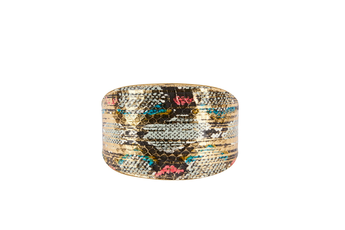 Curved multi-color collar with a snake pattern featuring gold, black, turquoise, and pink accents, shown front-facing on a white background.