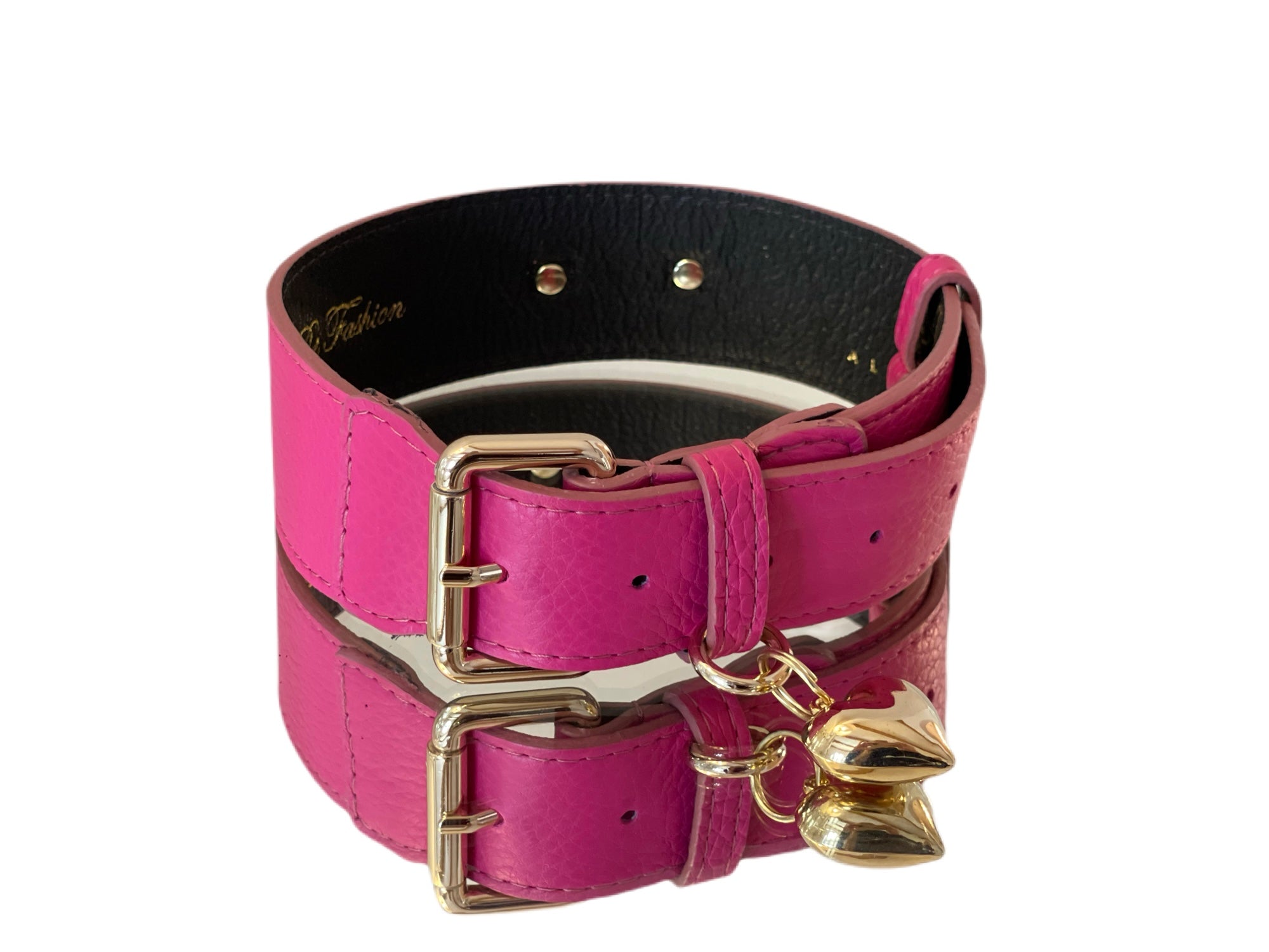 Soft fuchsia Italian leather pet collar with gold hardware and puffy heart detail
