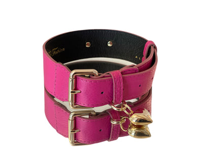 Soft fuchsia Italian leather pet collar with gold hardware and puffy heart detail
