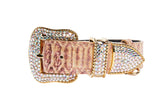 Embossed snake-patterned leather collar with a large gold-tone buckle and tip encrusted with iridescent Swarovski crystals.