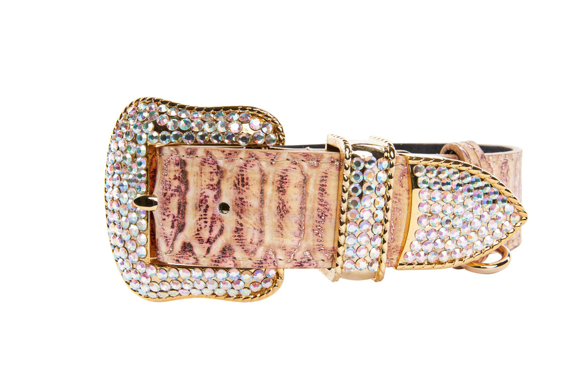 Embossed snake-patterned leather collar with a large gold-tone buckle and tip encrusted with iridescent Swarovski crystals.