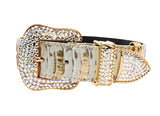 White and gold snake-patterned collar adorned with iridescent Swarovski crystals on buckle and strap tip, featuring a gold-toned pin buckle and jewel detailing.