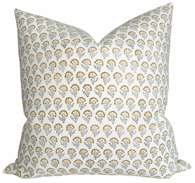 Floral Pillow Cover in Marigold showing front floral cotton fabric and ivory linen back