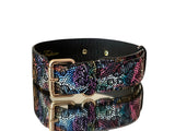 Luxury pet collar in black floral lace Italian leather with gold classic hardware