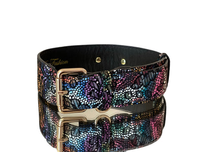 Luxury pet collar in black floral lace Italian leather with gold classic hardware