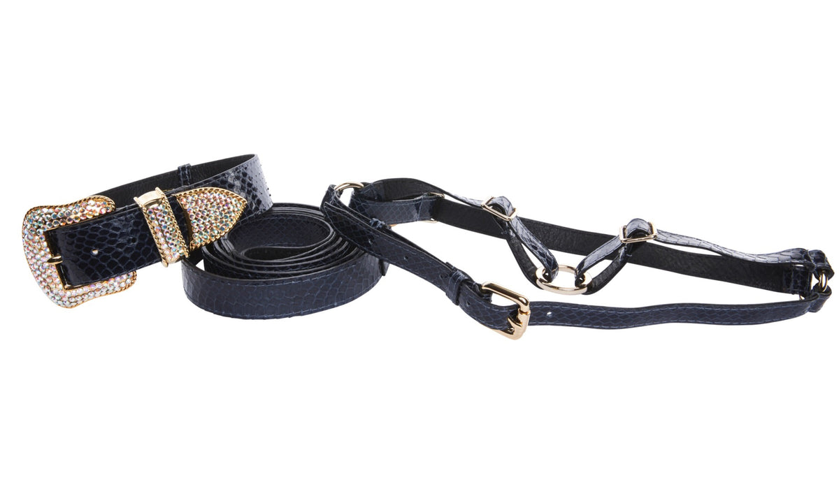 Navy blue snake-patterned pet collar, leash, and harness set adorned with gold-tone hardware and encrusted Swarovski crystals on the collar buckle and attachments.