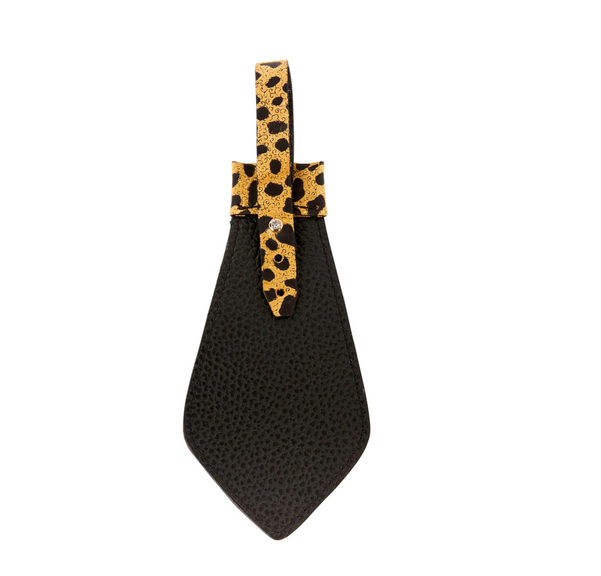 Black leather tie with a pointed end featuring a leopard print leather loop and strap secured by a silver rivet against a white background.
