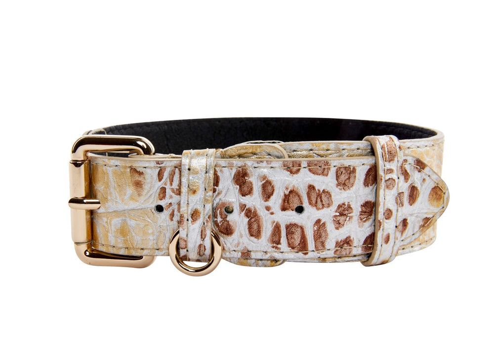 Classic dog collar with embossed croc pattern in glossy silver and bronze tones, featuring a gold-tone metal buckle and D-ring, shown flat on white background.